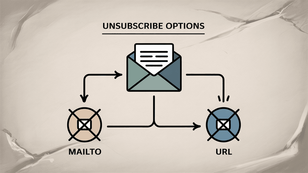 Diagram showing two List-Unsubscribe header methods: mailto method that sends notification emails and URL method that directs to unsubscribe webpage